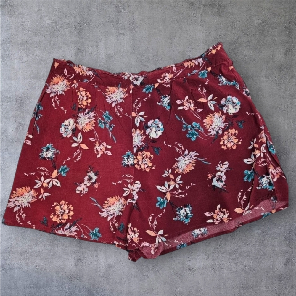 Abound Maroon Floral High‎ Waisted Woven Shorts Size 2XL Women's G28
